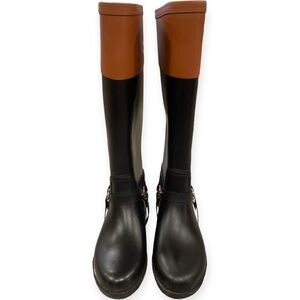 London Fog Womens 6 Rider Rain Boots Black Brown Rubber Adjustable Harness Strap
